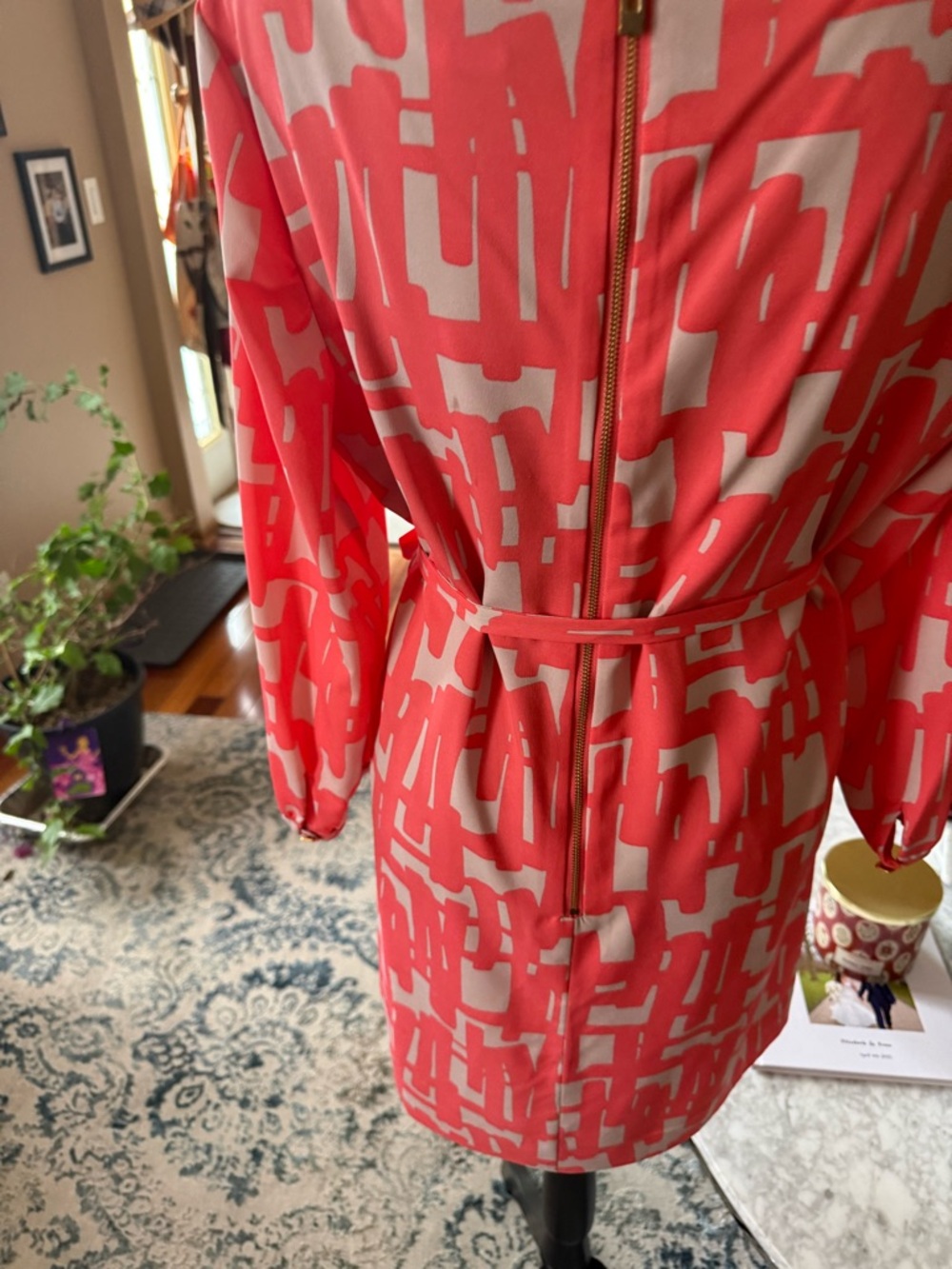 Coral Abstract Print Tie-Waist Midi Dress - Picture 9 of 14